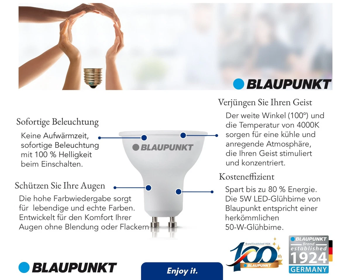 Bombilla Blaupunkt GU10, Lámpara Spot Led Blanco Neutro, 5W, 500 lm, 4000K
