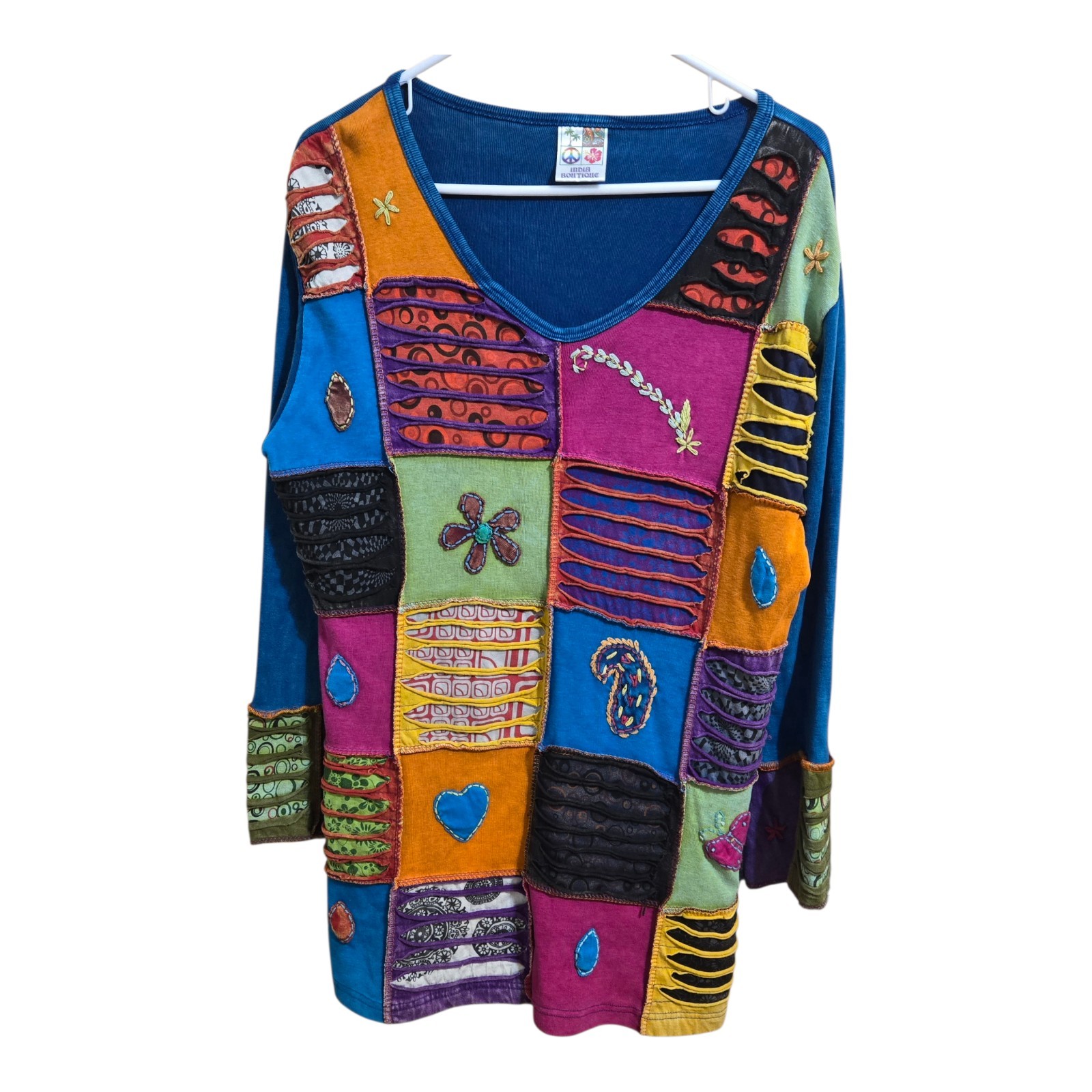 India Boutique Women's Long Sleeve Patchwork BOHO HIPPIE Tunic Top Size Large