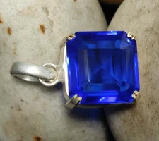 Certified Natural 32+Ct Blue Color Sapphire Gemstone Asscher Pendant 925 Silver