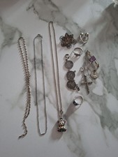Lot Bijoux Anciens Argent Massif 48.19g Broche Améthyste, Mailles, Croix, Bagues