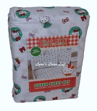 HELLO KITTY Christmas Wreaths  Bows QUEEN SHEET SET COTTON Red Green White NEW