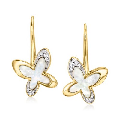 Vint Mimi Milano Mop Butterfly Drop Earrings w Diamonds in 18k Gold