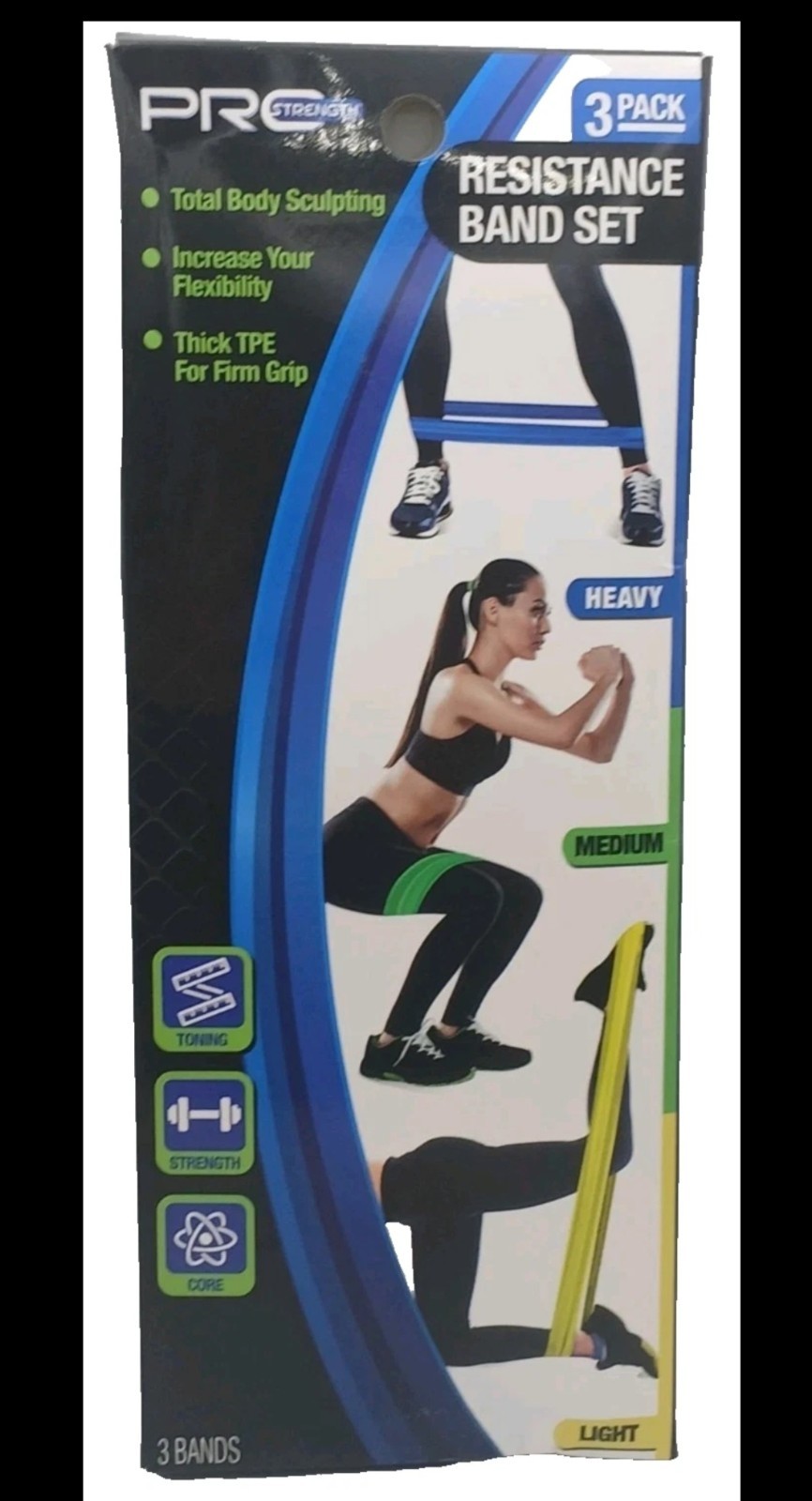 Pro Strength 3 Pack Resistance Band Set: Light, Medium & Heavy Color Coded