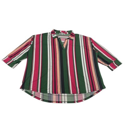 Absolutely Famous | Red & Green Striped 3/4 Sleeve Shirt | Women's Plus Size 2X