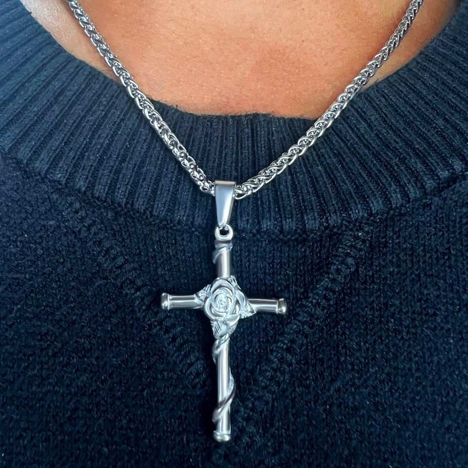 Jesus Christ Crucifix Cross & Rose Pendant/Necklace 18k Gold - Catholic Jewelry - Image 4 of 4