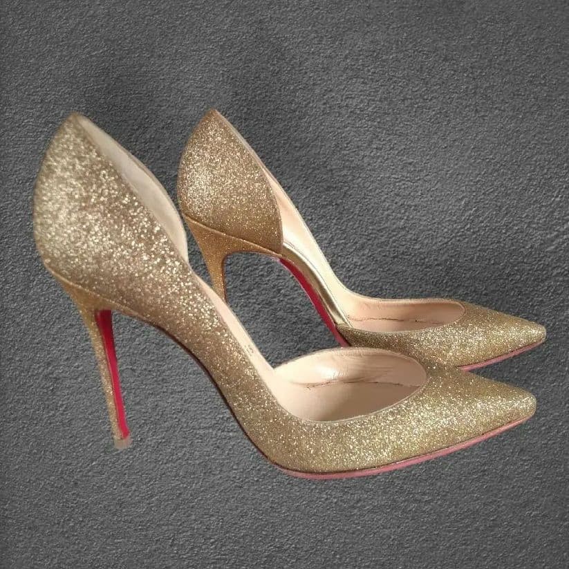 Rare Christian Louboutin Gold Glitter Heels Pointed Toe Size 22.5