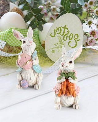 Whimsical 2-Pack Easter Bunny Statues with Resurrection Eggs & Carrots - 4.2''