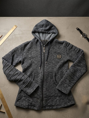 Philipp Plein Herren Kapuzenjacke grau meliert, Reißverschluss, Logo, L