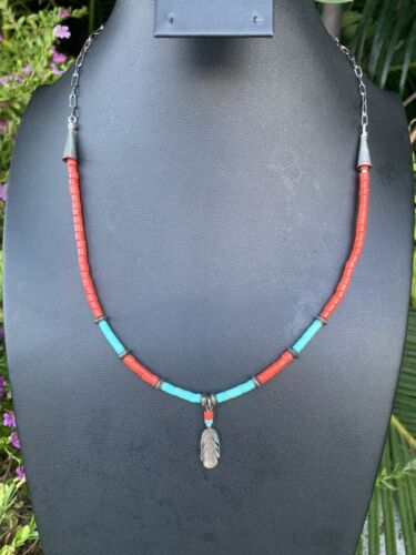 Vintage Sterling Silver Turquoise Coral Feather Pendant Necklace HJ Chavez G1 - Picture 4 of 15