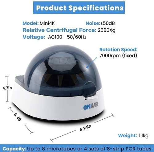 ONiLAB's 7000RPM Scientific Mini Centrifuge 2680 x g RCF w/ 2 Rotors - Low Noise - Picture 2 of 5