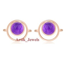 Gemma Naturale Di Ametista Con Gemelli In Argento Placcato Oro Rosa 14K #1024