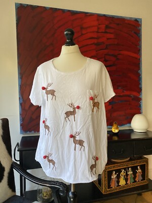 Christmas T-shirt Womens Size 14-20 100% Cotton Reindeer Pom Pom