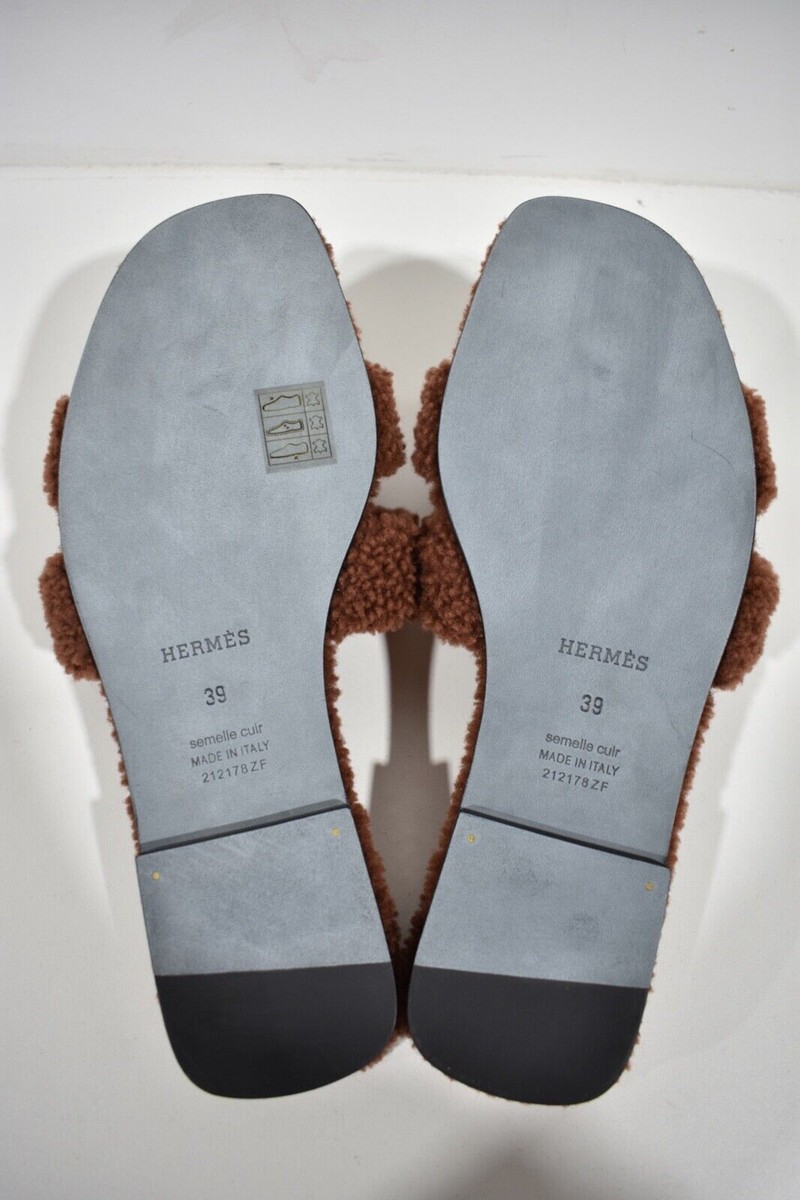 Hermes Oran Teddy Shearling Fur Brown H Logo Slide Sandal Mule