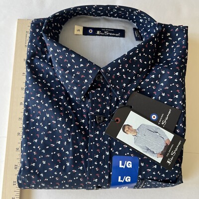 Ben Sherman Oxford Button-Down Men's Large Navy Blue with White/Red Dot Pattern