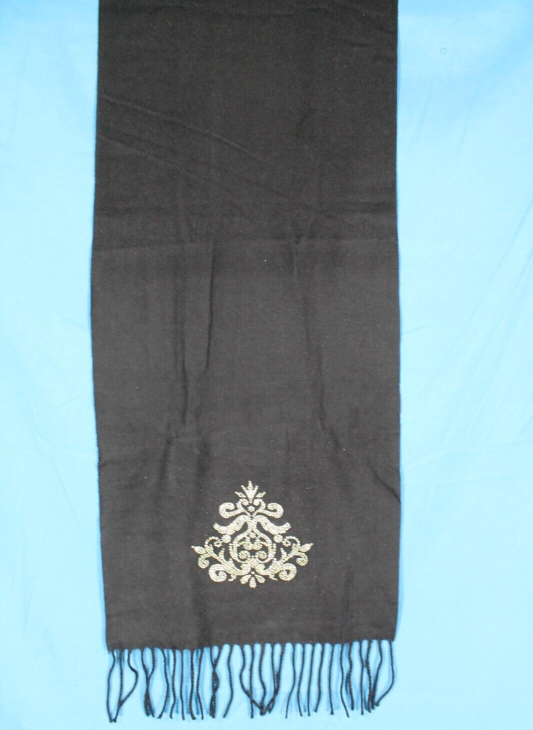 Scottish Cashmere Scarf with Floral Rhinestone Design and Fringe Trim in Black