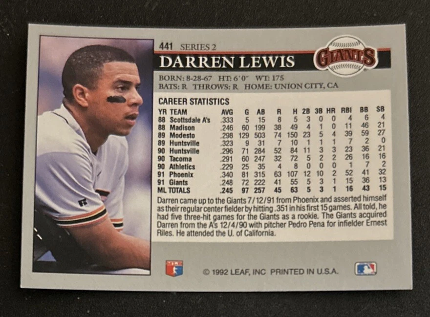 Tarjeta de novato de béisbol Leaf Darren Lewis 1992 (RC) #441 Giants DE MUY BUEN ESTADO O/C Foto 2 de 2