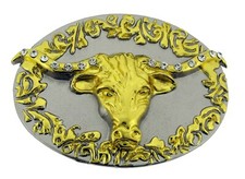 Bull Long Horn Belt Buckle Western Rodeo Gold Stone Texas Cowboy Cosplay Costume
