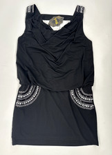 Black Rhinestone Sleeveless Dress Womens Large Bling Strap Rouched Stretch NEW