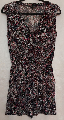 Banana Republic Tall Womens S Blue Print V-Neck Knit Romper Elastic Waist ~ New