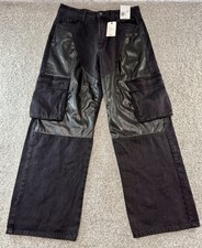 Forever 21 Cargo Pants Black Denim Faux Leather Women s Size 31 Inseam 29 Relax