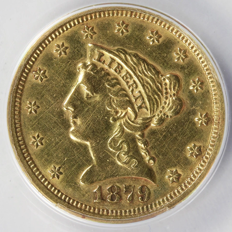 1879 年 2.5 美元自由金 25 美分鹰 ANACS AU55 细节已清洁 — 第 3/4 张图片
