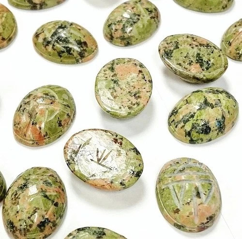 1 Vintage Japanese Genuine Epidote Unakite Gemstone 20x15mm. Oval Scarab R590 - product listing photo