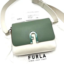 FURLA Gemma Shoulder Bag Leather White Mint Green Used Authentic