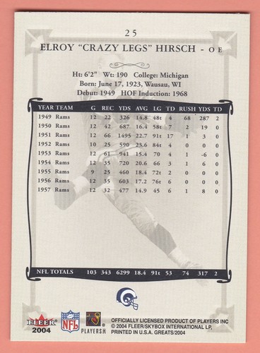 2004 Fleer Greats - Elroy 'Crazy Legs' Hirsch #25 (A) - Picture 2 of 2