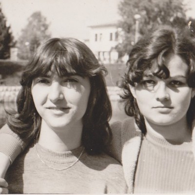 Two Beautiful Young Women In Close Embrace Hug Closeness Couple Vintage Photo