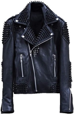 Men s Custom Black Studded Leather Biker Jacket   Extreme Spiked Punk Rock Moto