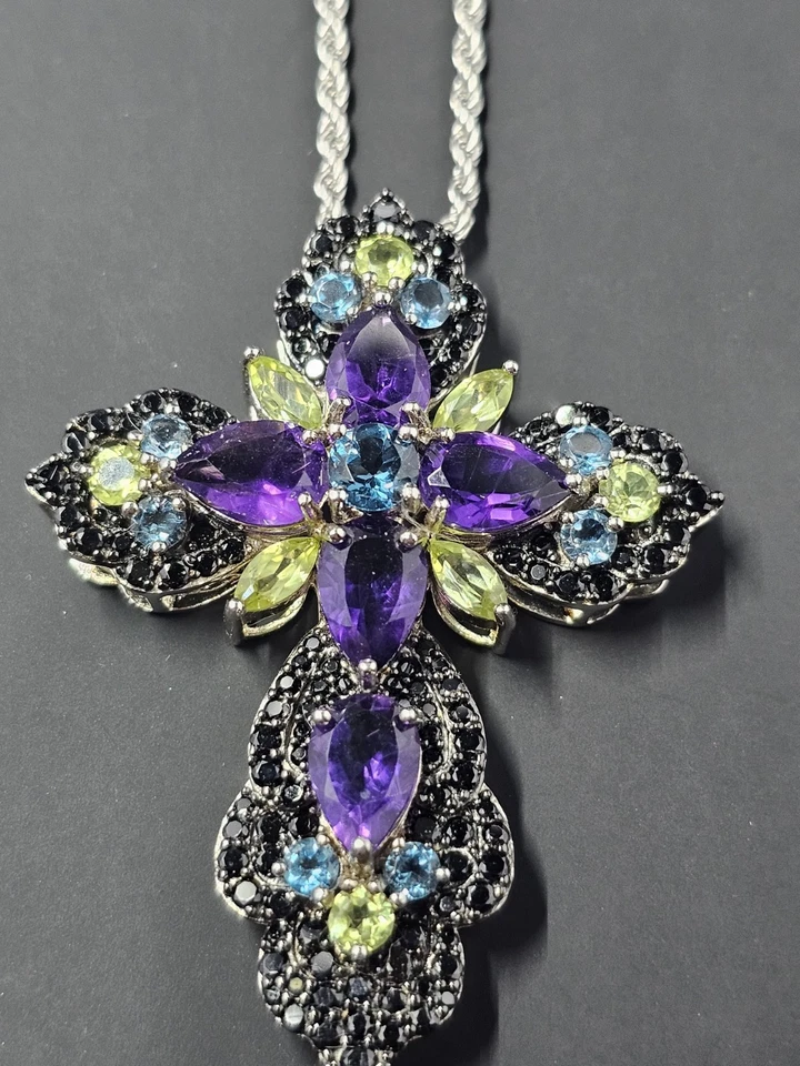 DK 925 Amethyst & Black Rhodium Cross On KA 1772 925 Chain,20" - Image 2 of 4