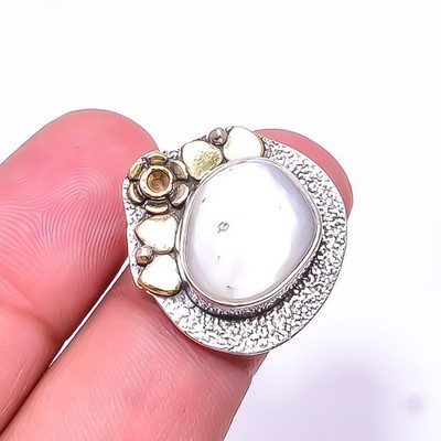 Fresh Water Pearl Two Tone Designer Gemstone 925 Sterling Silver Ring s.5.5 Su18