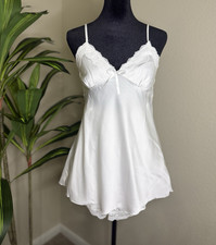 Women  s White Satin-Look Slip Lingerie with Lace Trim Camisole Chemise
