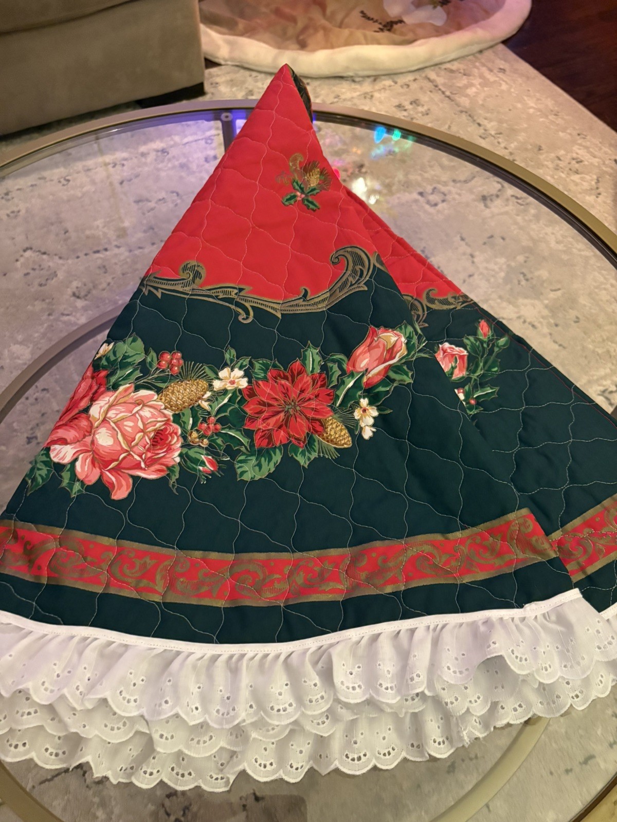 Handmade Vintage Country Floral Christmas Tree Skirt 58in