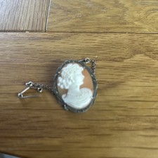 Vintage Shell & marcasite Cameo Brooch silver frame