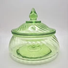 1940s Anchor Hocking Swirl Depression Uranium Glass Candy Dish w/ Lid - Glows