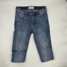 Free People Women's Distressed Cropped Jeans Size 25 Blue Cotton Stretch Raw Hem