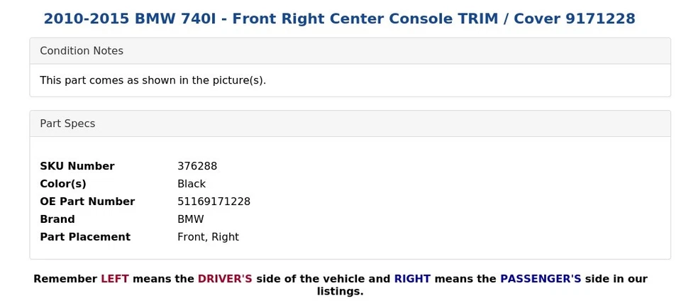 BMW 740I 2010-2015 - Consola central delantera derecha embellecedor/cubierta 9171228 Foto 4 de 4