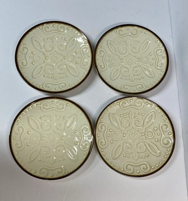 Set Of 4 Vintage Artesia Ornate Embossed Cream With Brown Trim 6  Plates