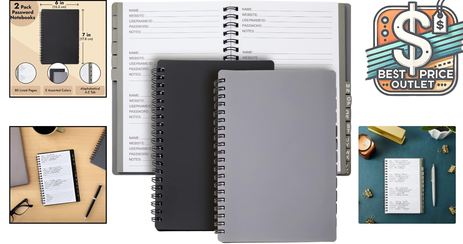 Durable Password Book with Ruled Pages - 2-Pack, Great for Notes & Security