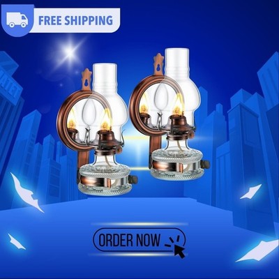 2 Pack Wall Mounted Vintage Kerosene Oil Lamps Clear Glass Bronze Rustic Decor