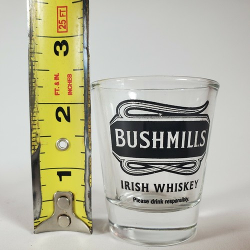 BUSHMILLS IRISH WHISKEY SHOT GLASSES NEW SET of 2 CLEAR w/BLACK