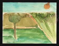By a Tree w Sun 2015 C Peterson ** Abstract Watercolor Painting ** farm fields