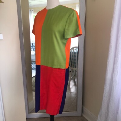 Vintage 1980s Adele Simpson Mod Color Block Shift Dress Size 8 Go Go