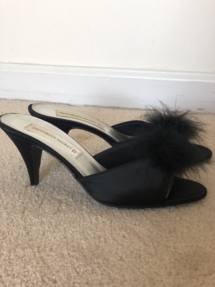 Victoria's Secret Black Satin Marabou Shoes Boudoir 4