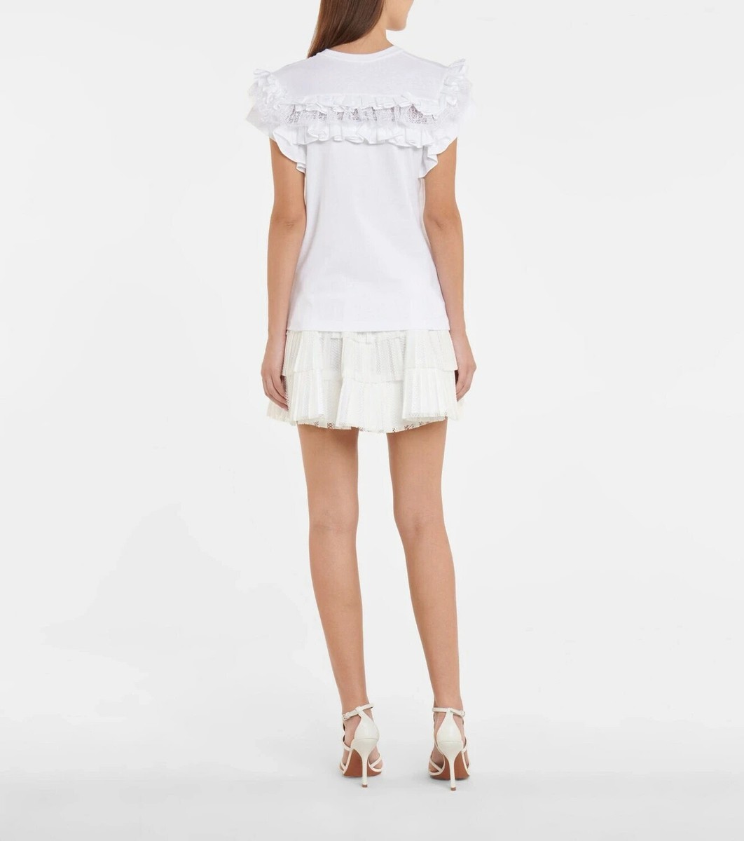 ALAIA Ruffle-Trimmed Cotton T-shirt Lace-Trimmed ruffled Top