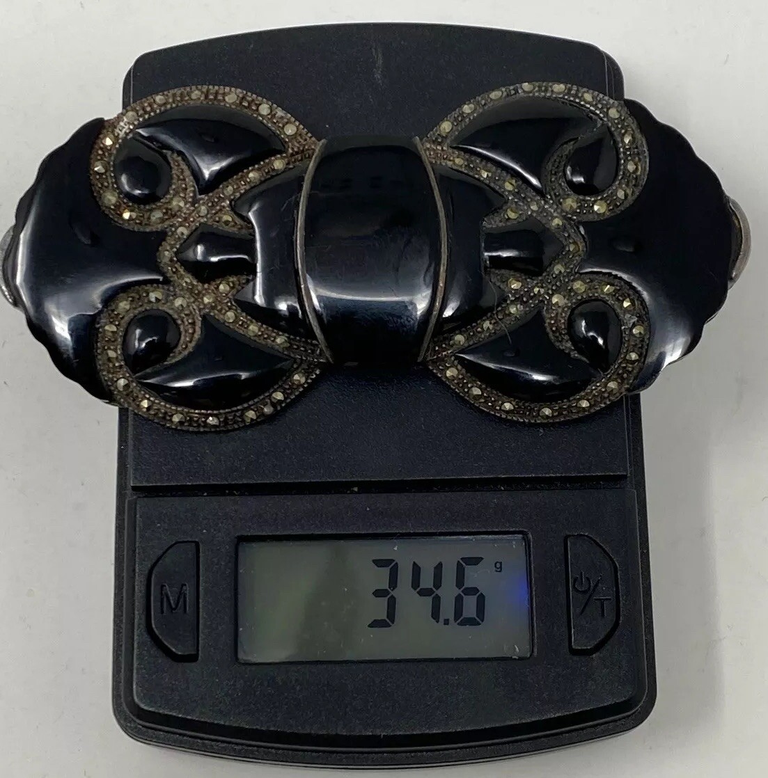 Broche Art Déco Vintage En Argent 925 & Onyx Avec Marcassite - Neuf Ancien Stock