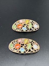 Beautiful Vintage Pair Musi Art Glass Multicolor Goldtone Shoe Clip 3834