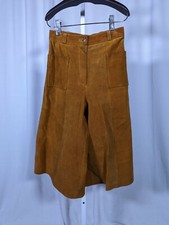 Vintage 70s Boho Heavy Duty Leather Suede Brown Culottes Bellbottom Pants NYC