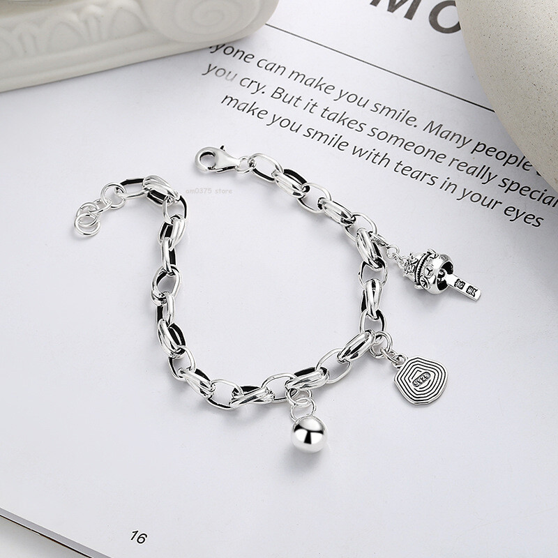 Real 925 Sterling Silver Bracelet For Women Rolo Link Lucky